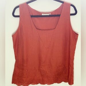 100% Linen Rust Sleeveless Top w/ Eyelet Embroidery Scalloped Edge Sz.M